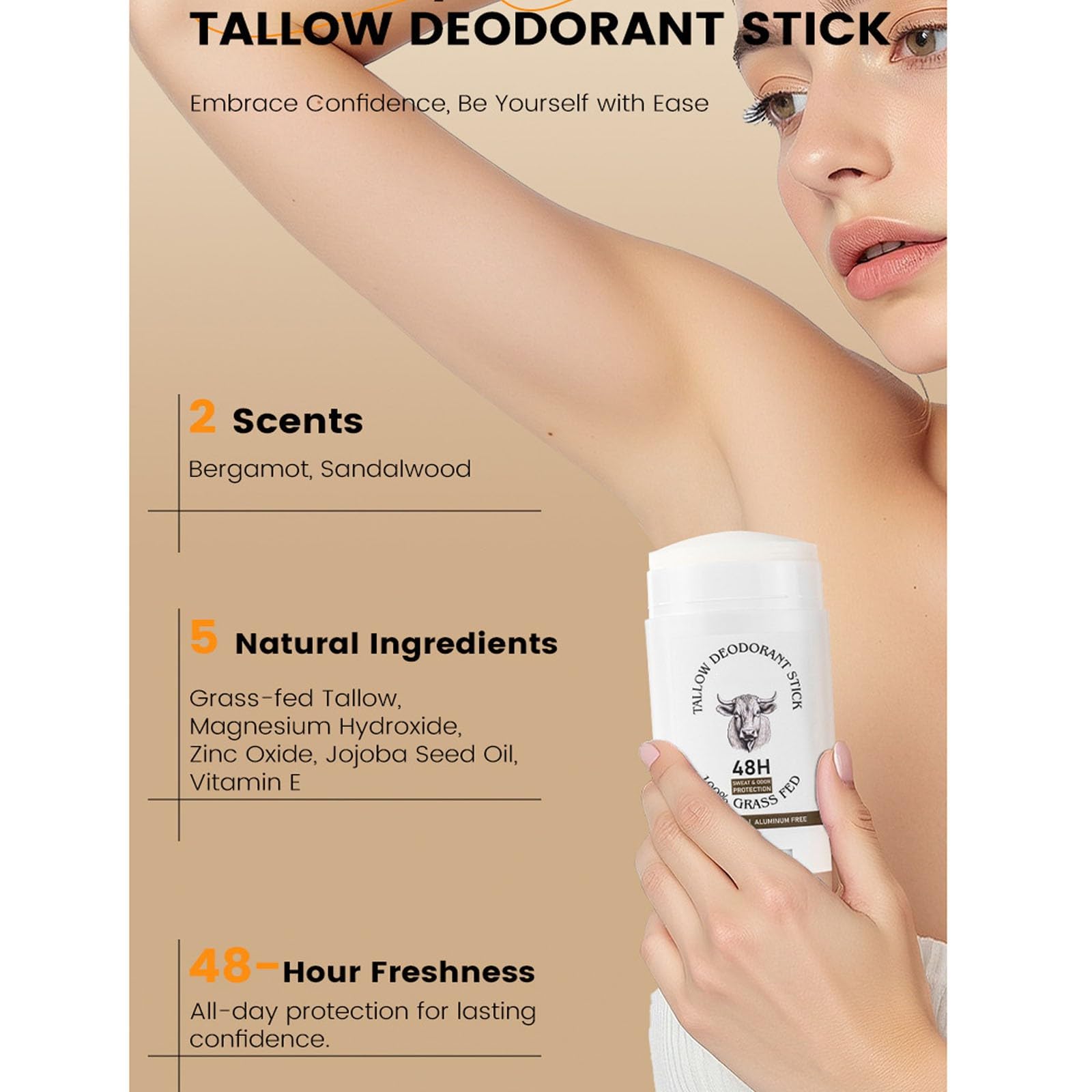 New Cover Tallow Desodorante, fragancia bergamota para sensación fresca.