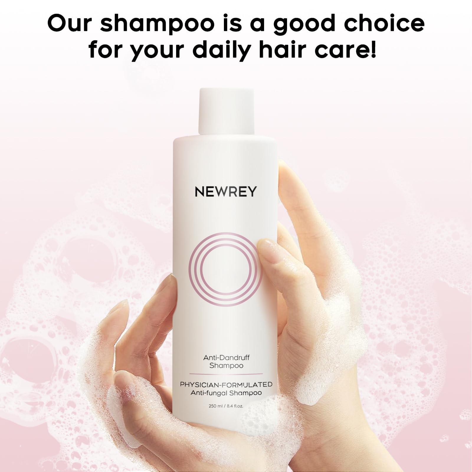 NEWREY champú antifúngico 24horas, envase claro mostrando contenido y cuidado capilar.