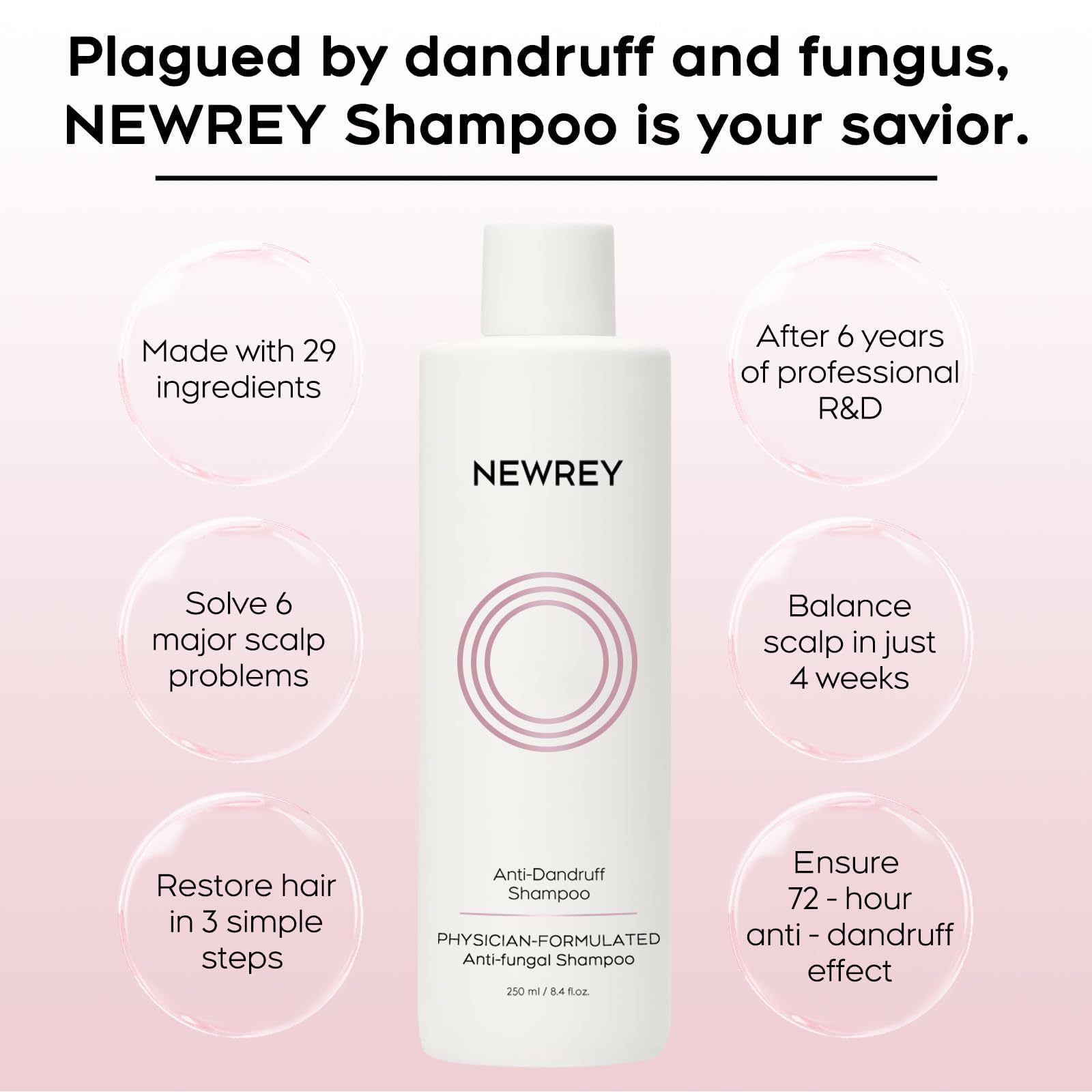 NEWREY champú antifúngico 24horas, uso diario recomendado para todo tipo de cabello.