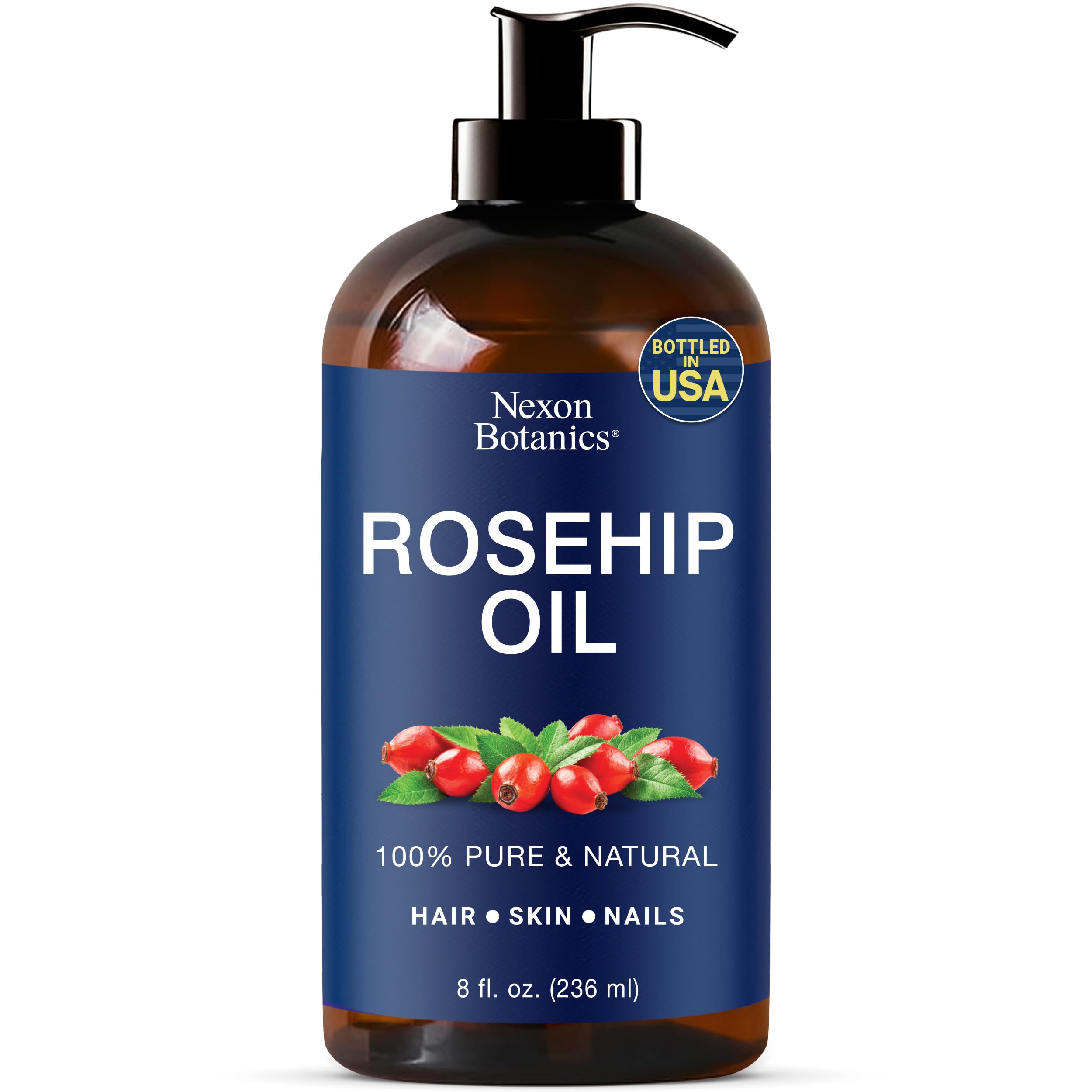 Nexon Botanics Aceite Rosa Mosqueta en botella oscura, ideal para hidratación diaria.
