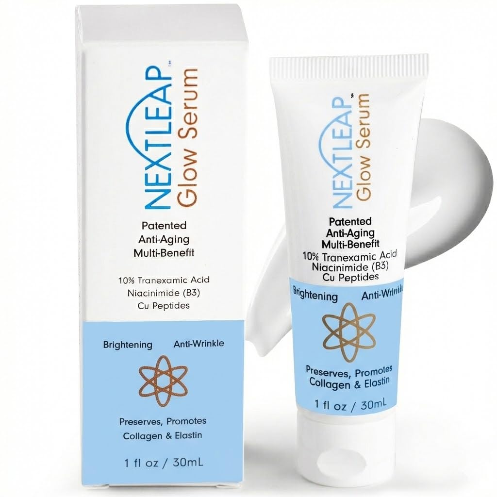 Next Leap Tranexamico 10% en frasco, enfoque en manchas oscuras y claridad de tono.