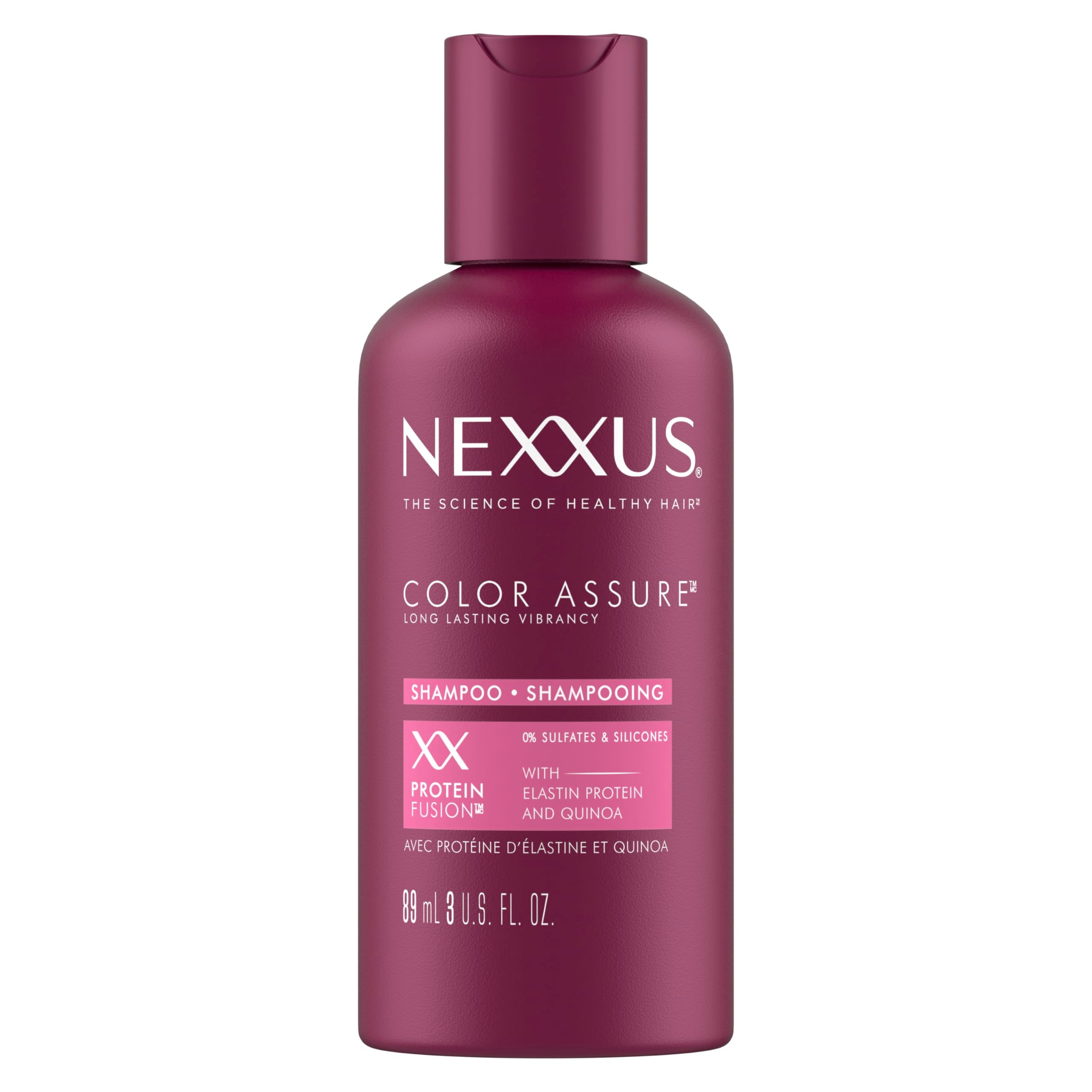 Nexxus Color Assure champú sin sulfatos en bote para cabello teñido, purifica y respalda el color.