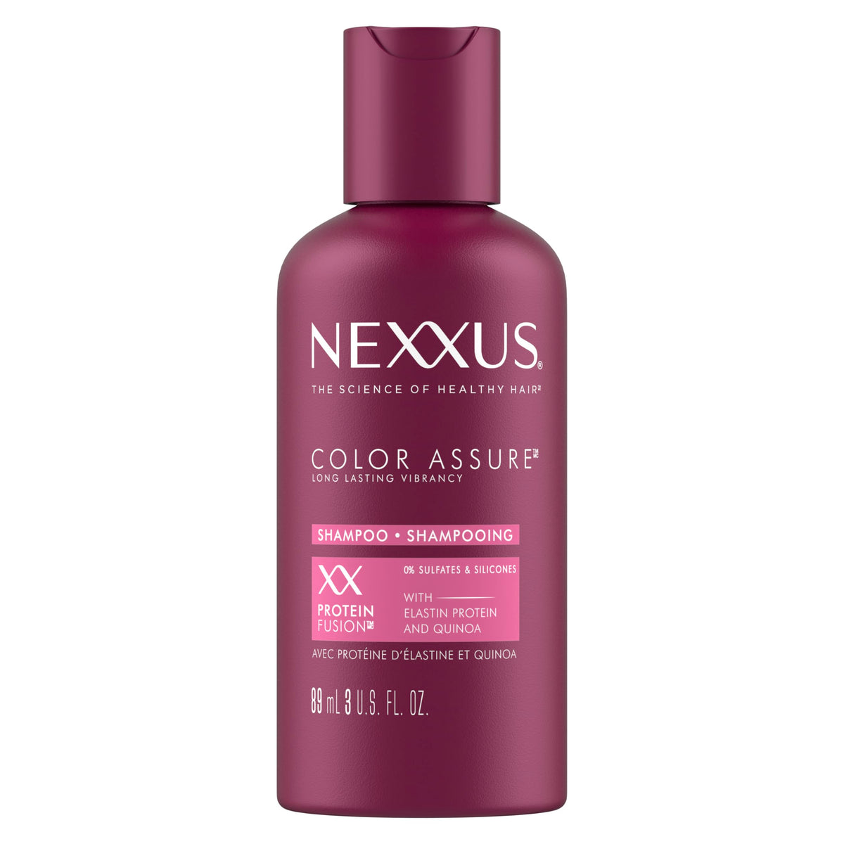 Nexxus Color Assure champú sin sulfatos en bote para cabello teñido, purifica y respalda el color.
