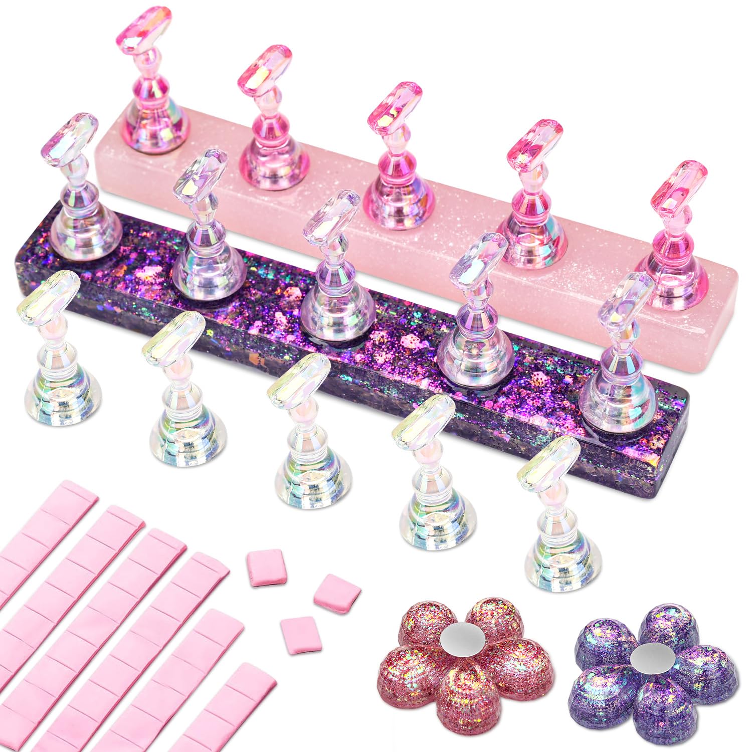 Soporte de uñas Nicedeco con base rosada en flor para exhibir y fijar diseños