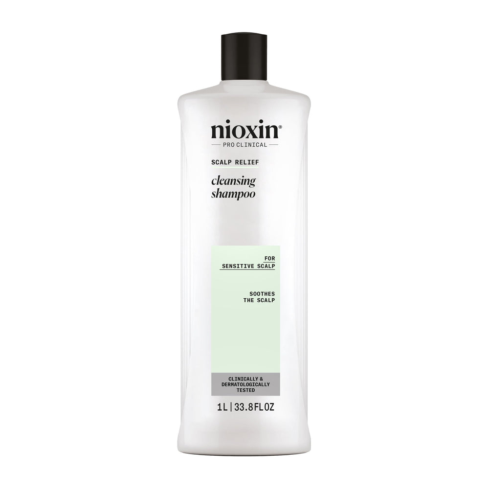 NIOXIN Alivio cuero cabelludo, botella de champú, sensación suave para uso diario.