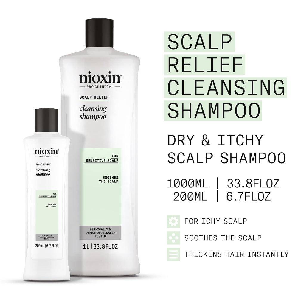 NIOXIN Alivio cuero cabelludo, etiqueta frontal, fórmula suave para irritación.