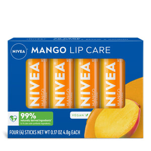 Bálsamo labial Mango de NIVEA, pack de 4 para hidratación diaria.