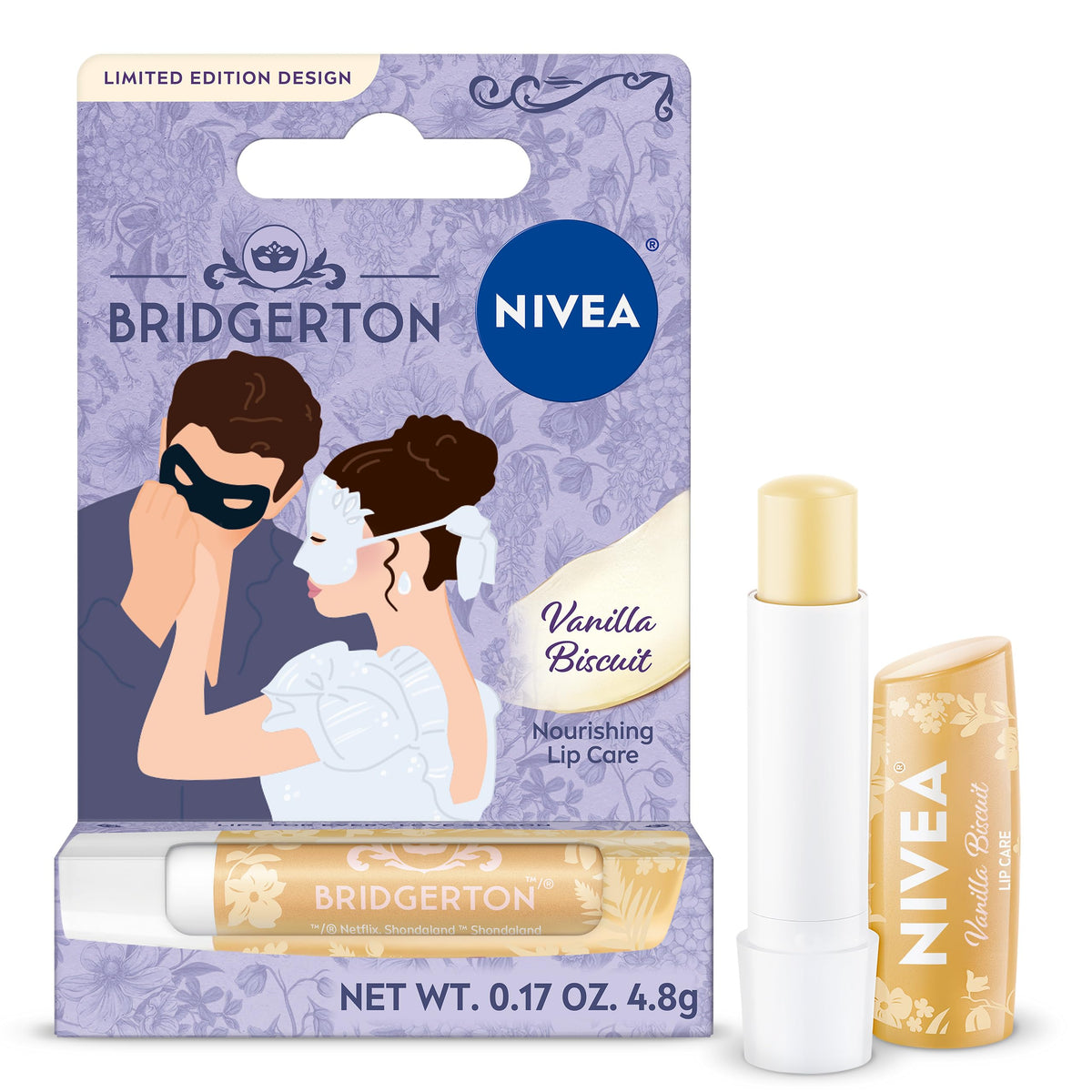 Bálsamo labial NIVEA vainilla galleta, empaque Bridgerton, hidratación duradera para labios tiernos