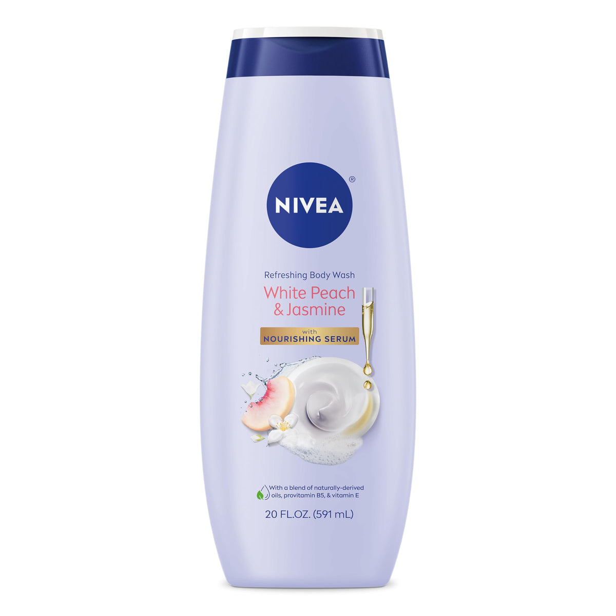 Bote de gel de ducha NIVEA con durazno y jazmín, aroma refrescante para la piel.