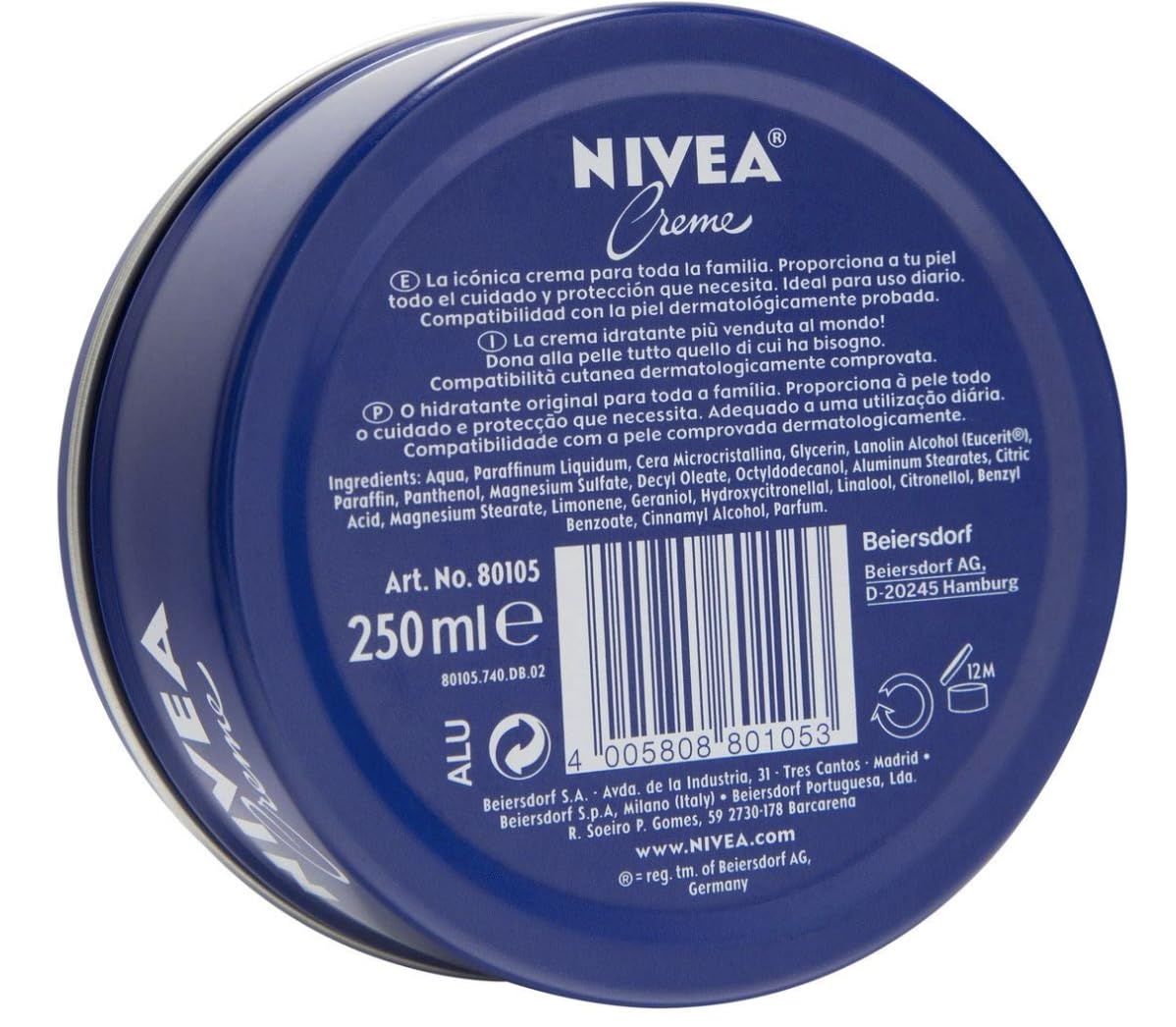 NIVEA crema alemana auténtica, lata abierta, textura cremosa para piel seca.