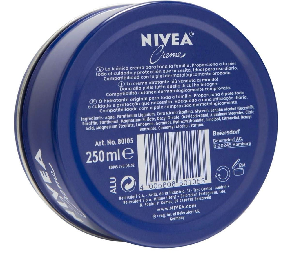 NIVEA crema alemana auténtica, lata abierta, textura cremosa para piel seca.