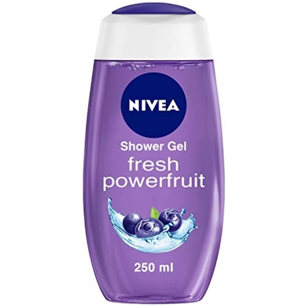 Gel de ducha NIVEA Fruta Potente y Fresca en botella de 250 ml, aroma frutal para uso diario.