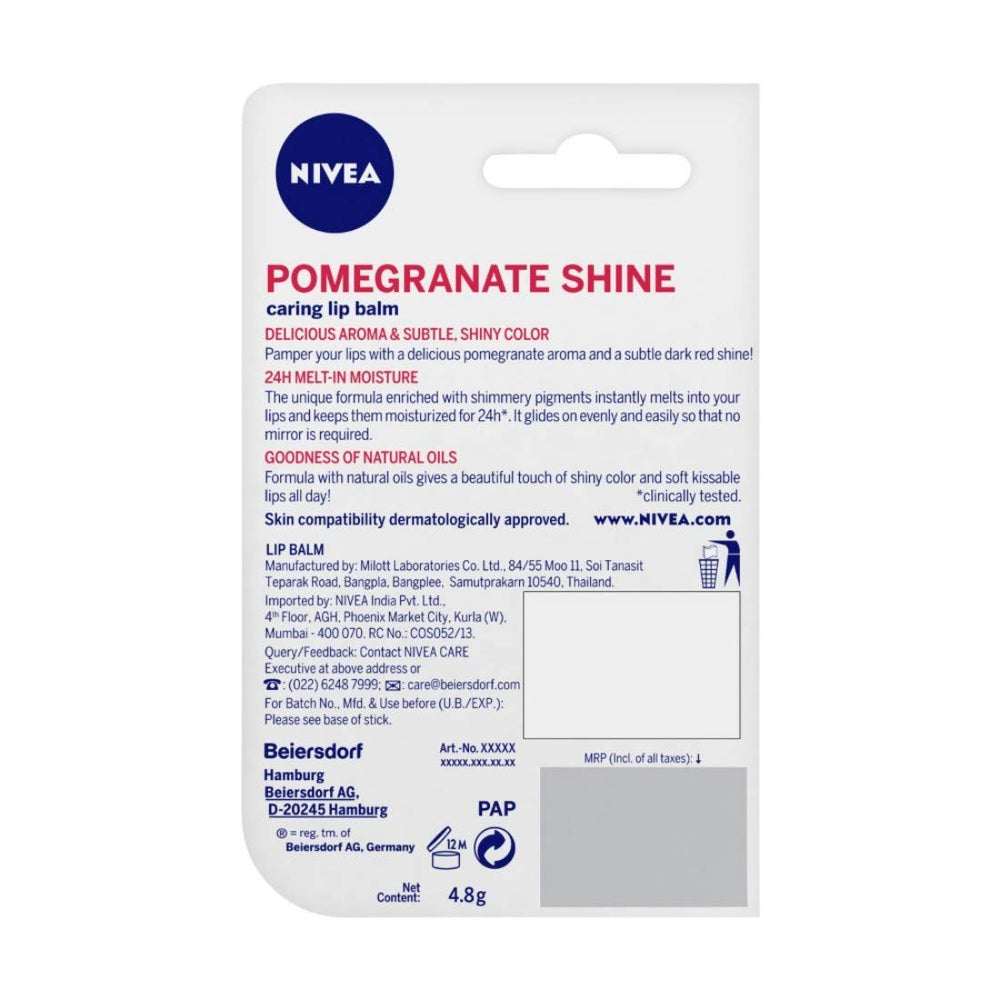 Bálsamo labial NIVEA Granada Brillo, fácil de llevar en viaje.