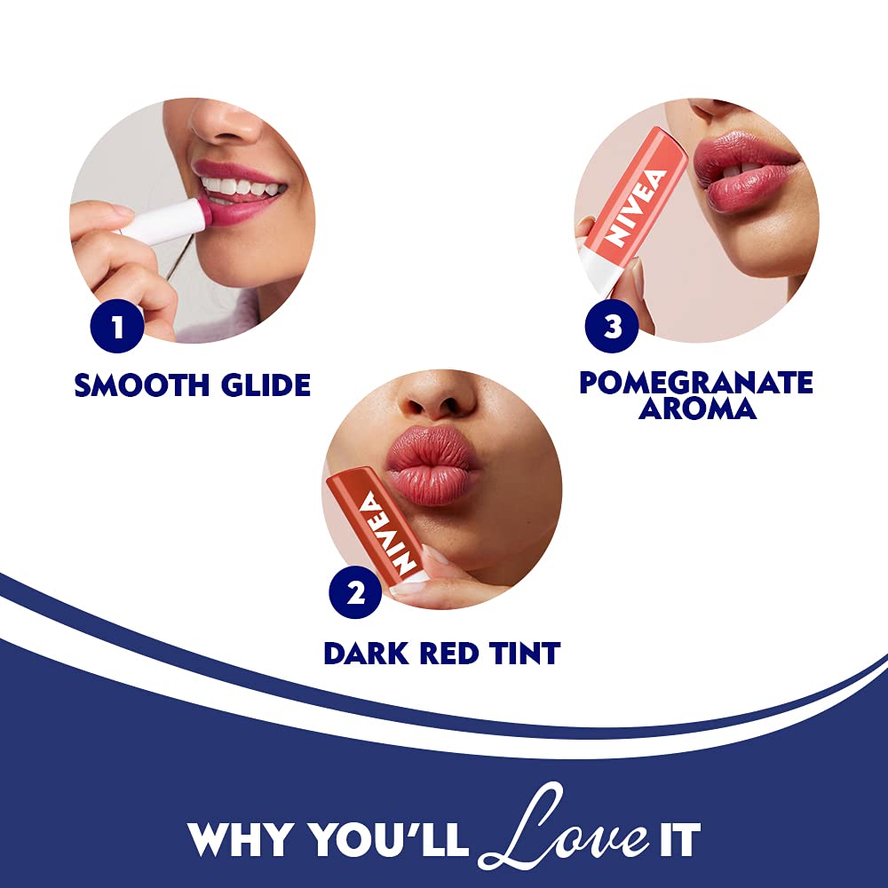 Bálsamo labial NIVEA Granada Brillo, acabado suave y protección ligera.