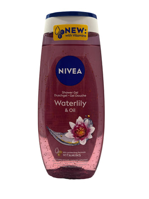 Nivea gel ducha lirio-agua, botella elegante, deja piel suave tras la ducha.