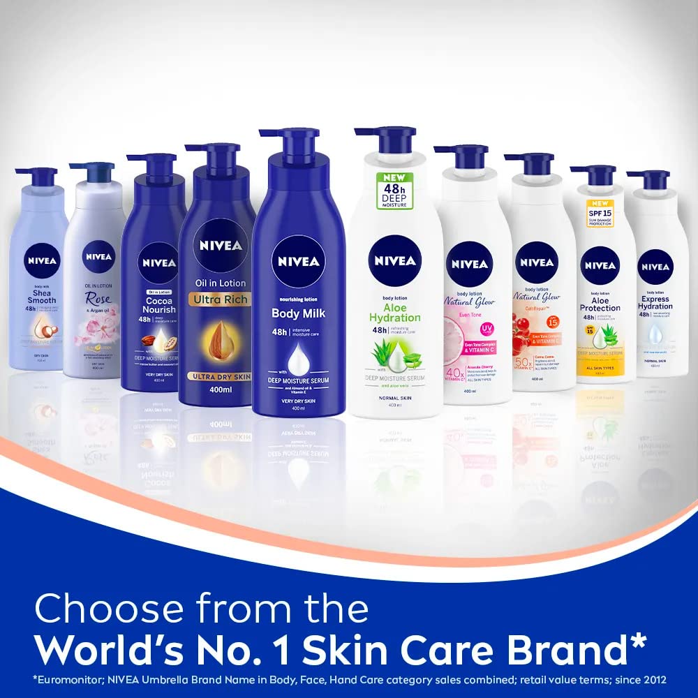 NIVEA loción corporal uso diario, aroma suave para piel nutrida.