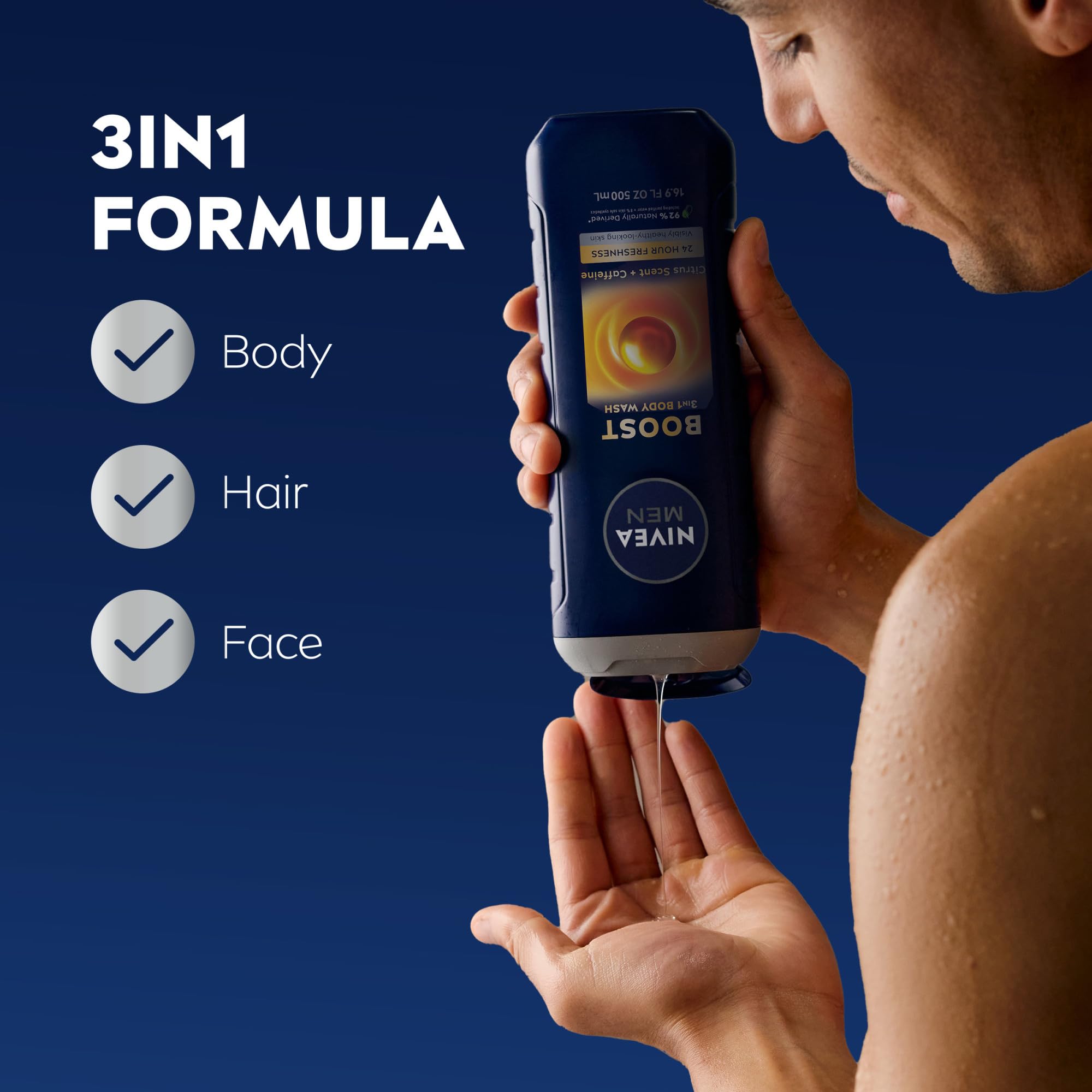 NIVEA MEN Boost, vista de ducha 3 en 1 para cuerpo y rostro.