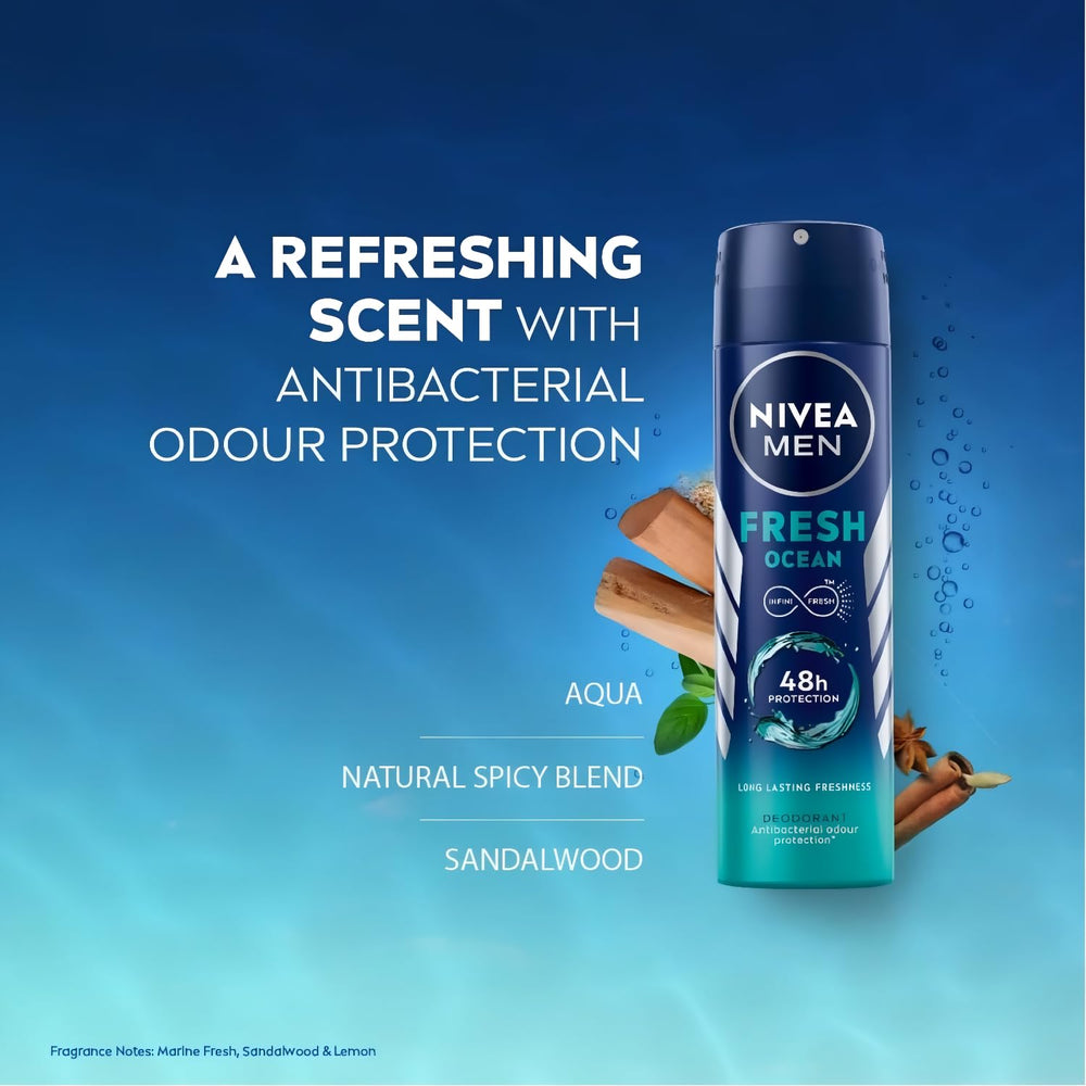 NIVEA MEN Fresh Ocean, fragancia cítrica marina para sensación fresca.