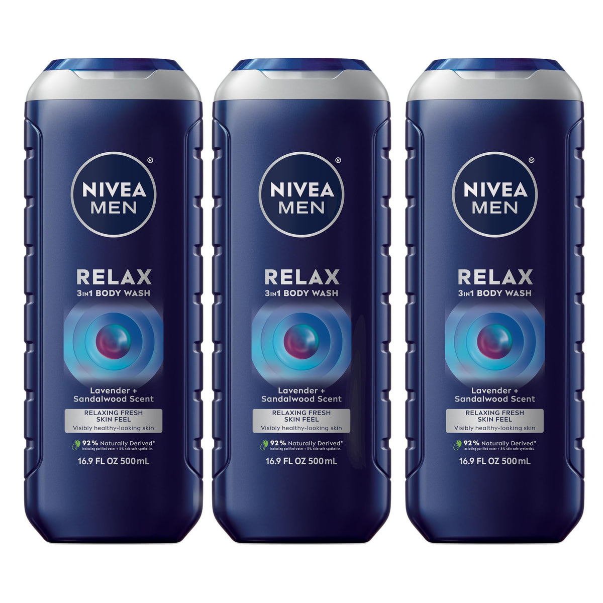NIVEA MEN Relax: botella 3-en-1 para rostro, cuerpo y cabello.