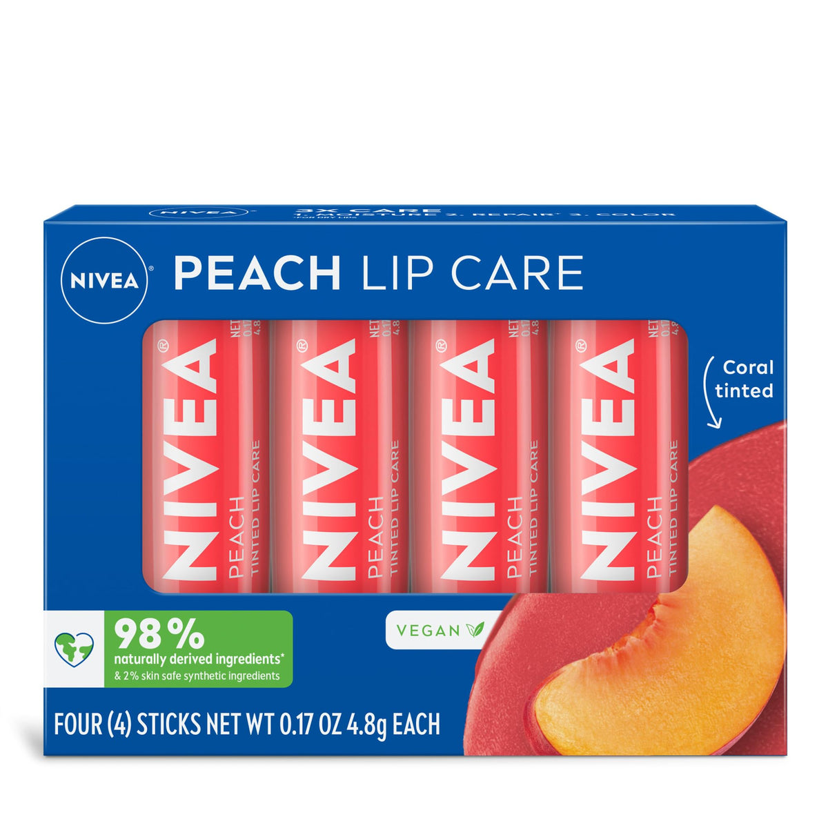 Bálsamo labial NIVEA Peach Lip Care en formato coral para hidratación diaria.