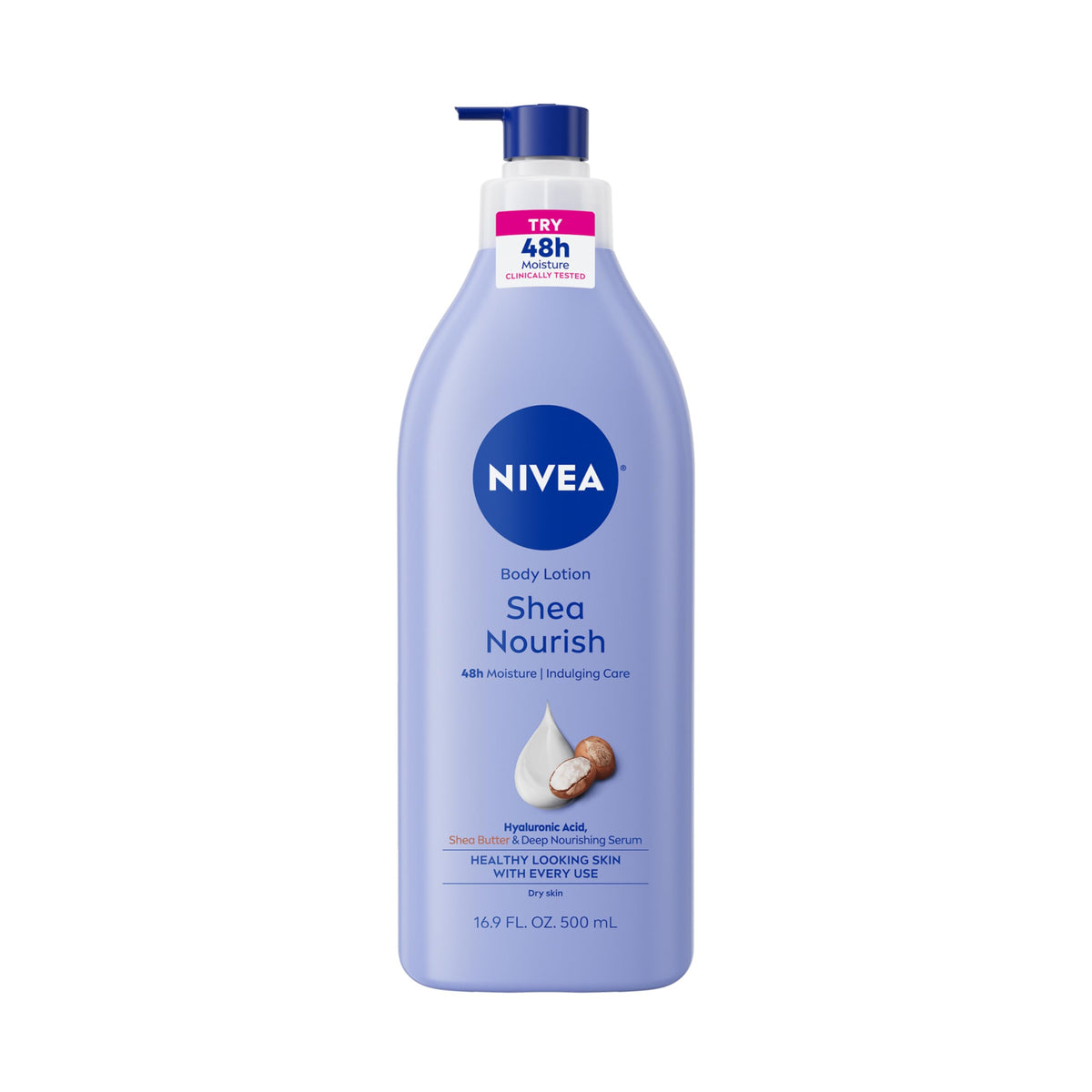 Loción NIVEA Shea Nourish en botella con bomba para hidratación prolongada.