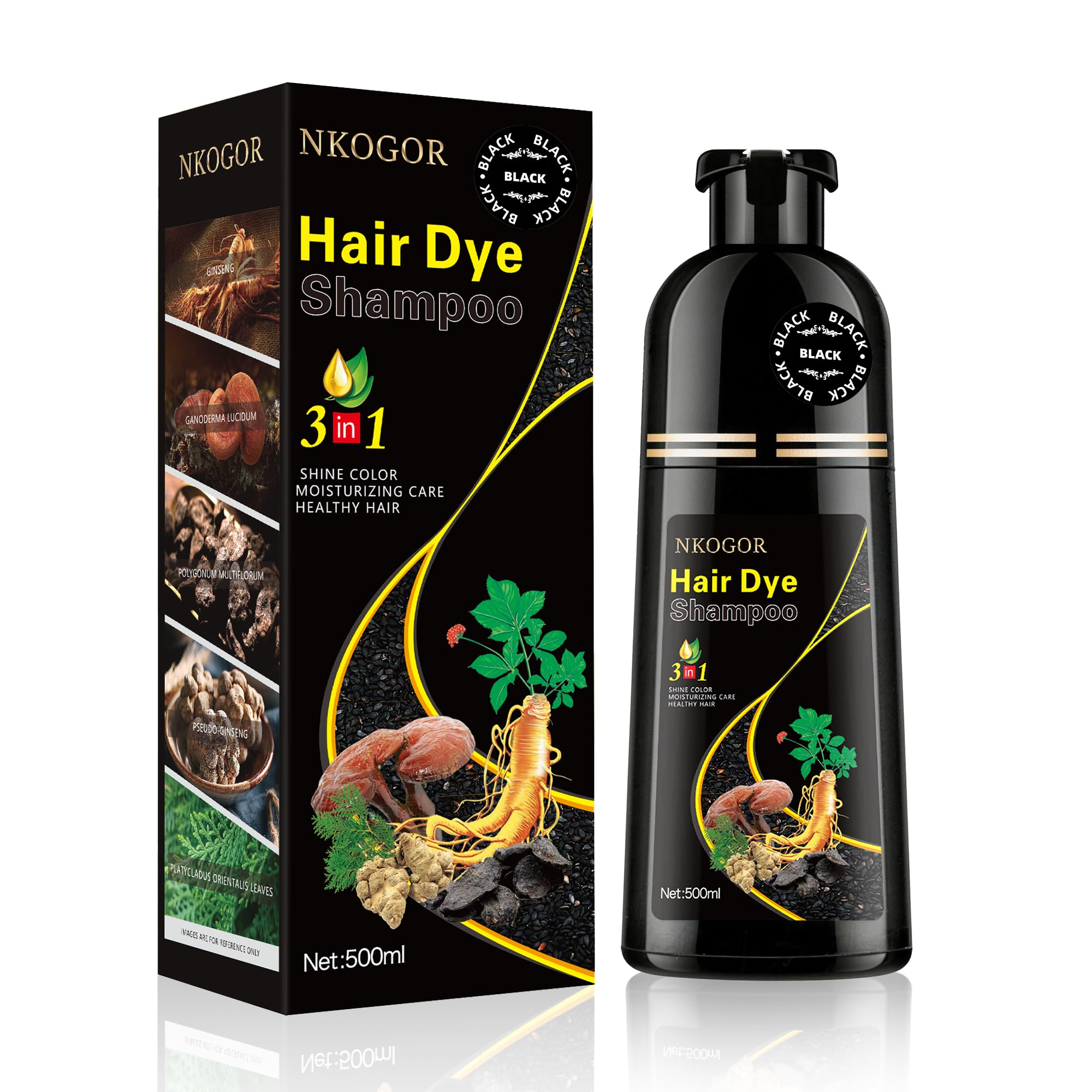 NKOGOR Shampoo Tinte Cabello Negro: botella destacada para cobertura temporal.