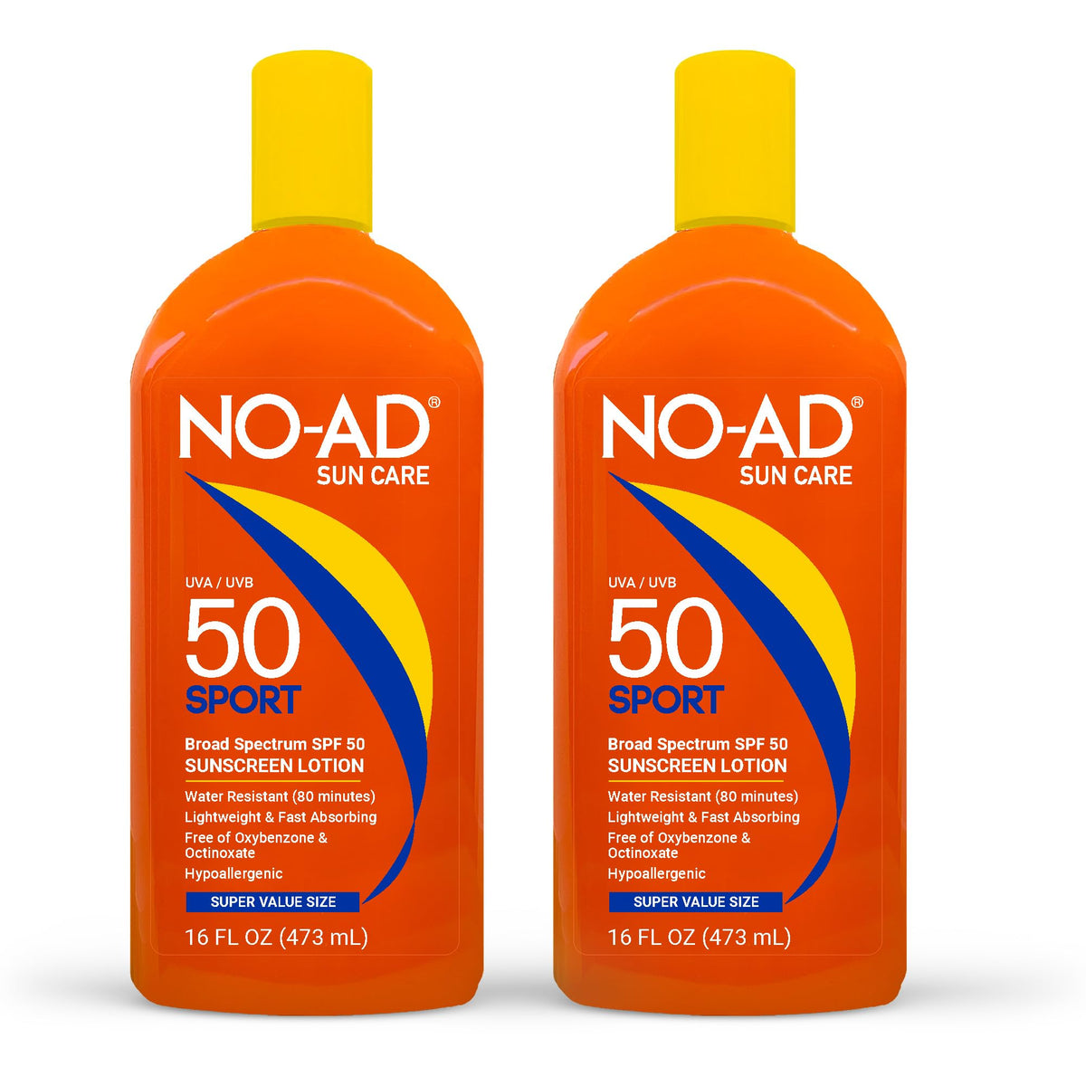NO-AD SPF 50 SPORT frente de la botella, protección solar para actividades al aire libre.