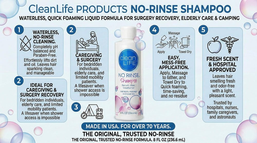 No-Rinse CleanLife, aplicación en cabello: masaje para espuma limpia y rápida.