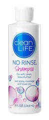 Champú No-Rinse CleanLife: botella vertiendo, limpieza sin agua para cabello suave y fresco.