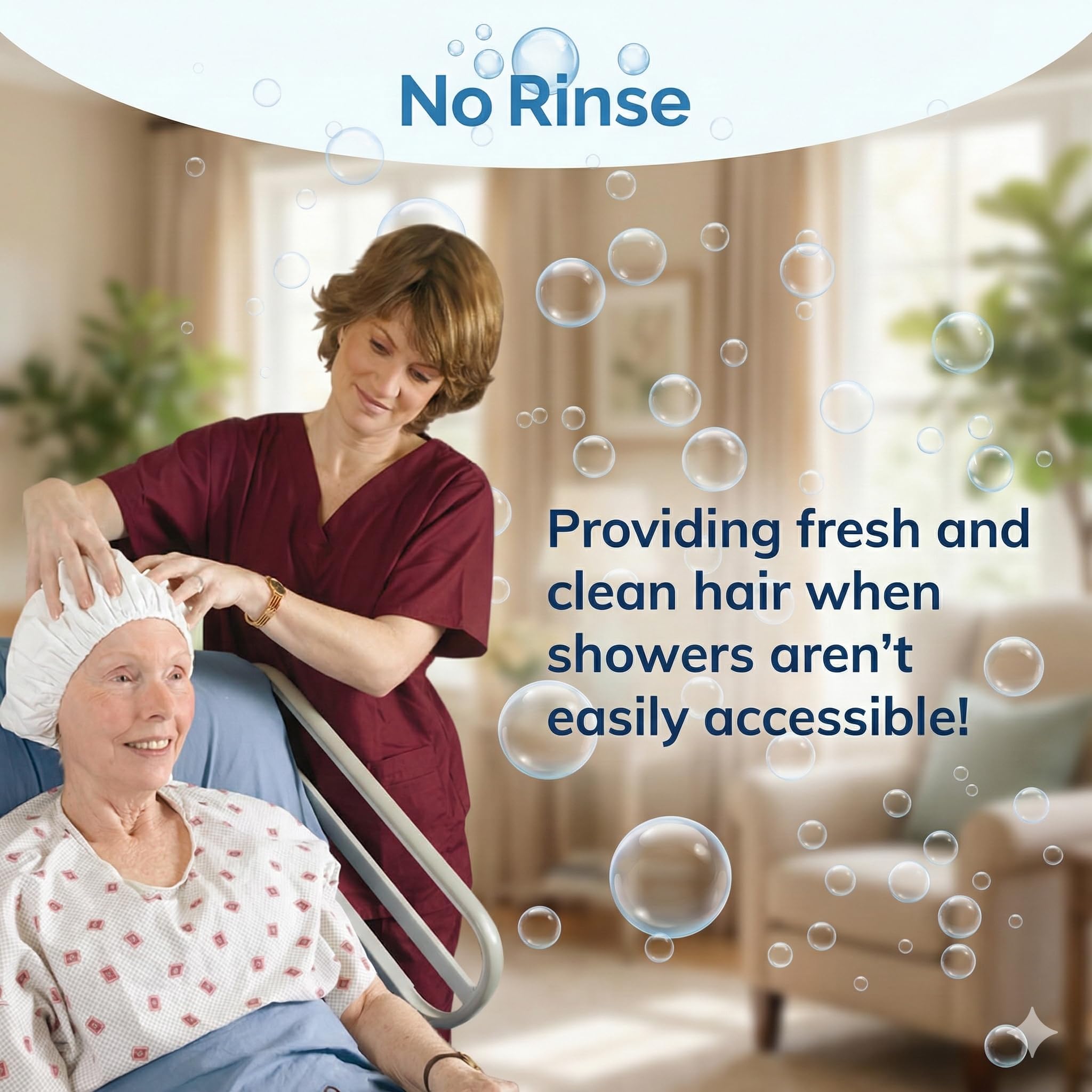 No-Rinse gorro cuidado para cuidadores y pacientes con movilidad reducida.