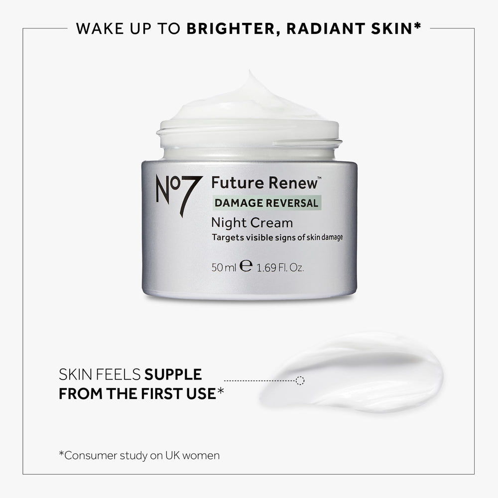 No7 Future Renew night-cream application close-up demonstrates nightly routine usage.
