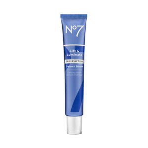 No7 Lift y Luminate serum en botella 50 ml para uso diario y luminosidad.