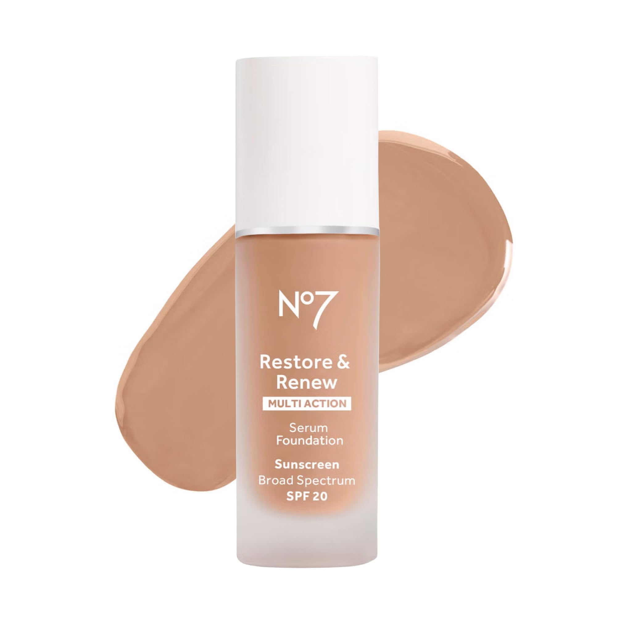 No7 Restore & Renew base en botella mostrando el producto, ideal para piel sensible y tono cálido beige