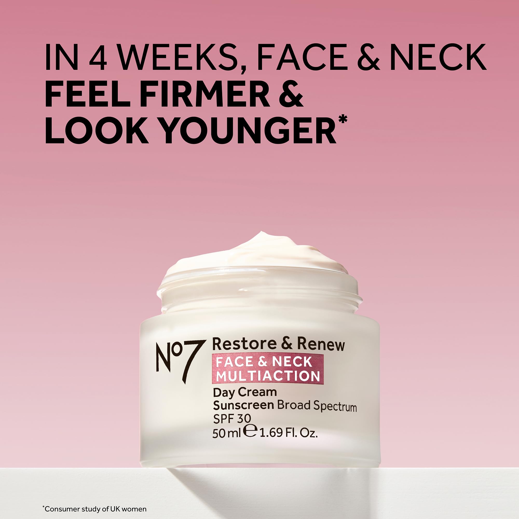 No7 Restore & Renew bottle in hand applying cream to the face for firming