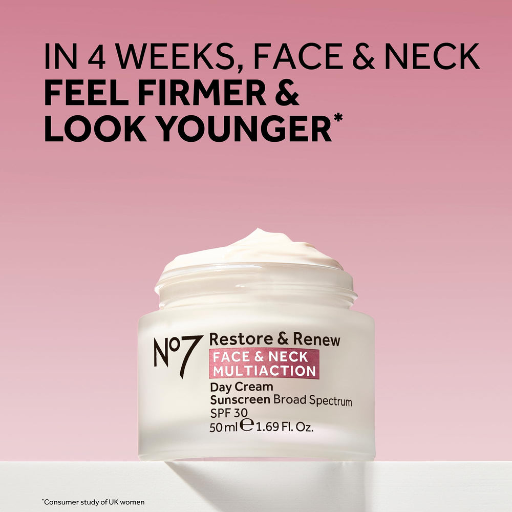 No7 Restore & Renew bottle in hand applying cream to the face for firming