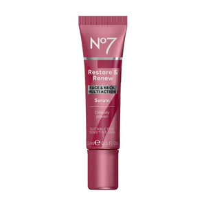 No7 Restore & Renew botella en primer plano, hidratación suave para la piel.