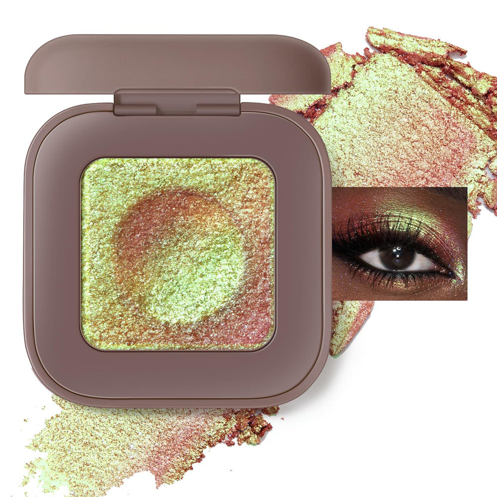Noerrors paleta holográfica muestra el duocromo oro-verde y brillo intenso para maquillajes.