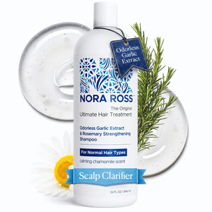 Champú Nora Ross con extracto de ajo en botella para cabello saludable.