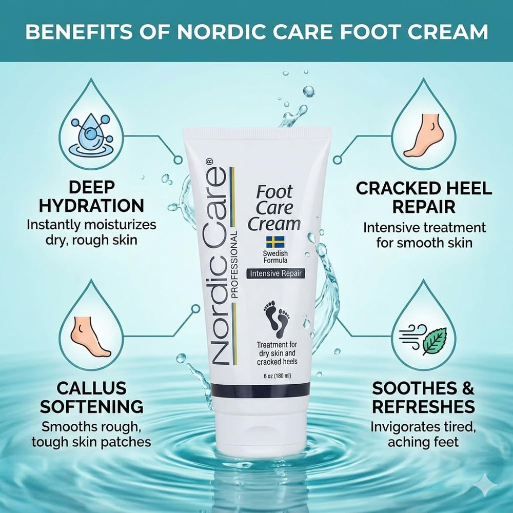 Nordic Care Crema para pies: aplicación fácil para aliviar pies cansados.