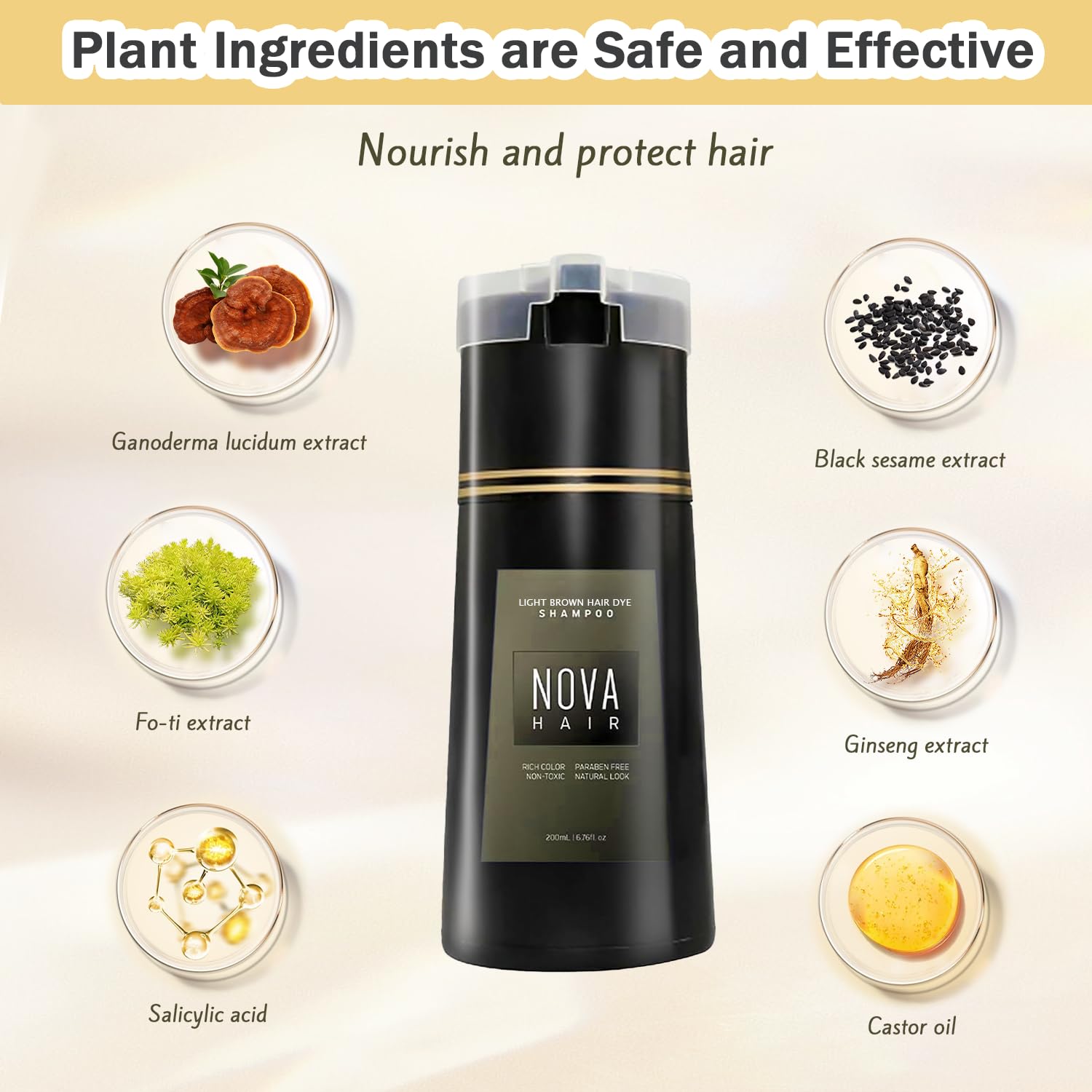 Nova Hair Dye Shampoo actúa en 15–20 minutos para un color uniforme.