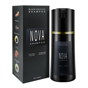 Nova Shampoo gray-coverage bottle showing at-home color convenience and surface blending.