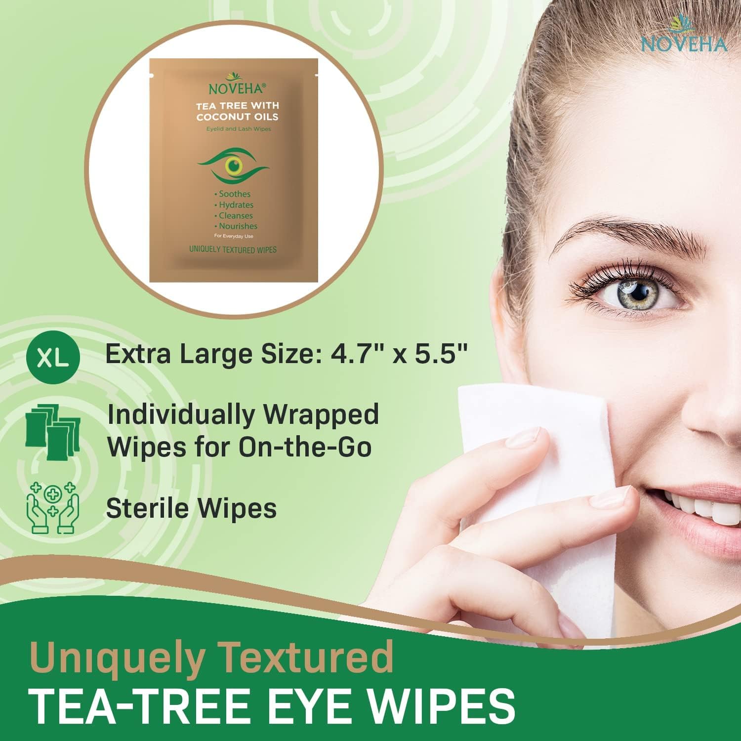 NOVEHA toallitas-ojos-tea-tree-coco-aplicacion-facil son aptas para piel sensible.