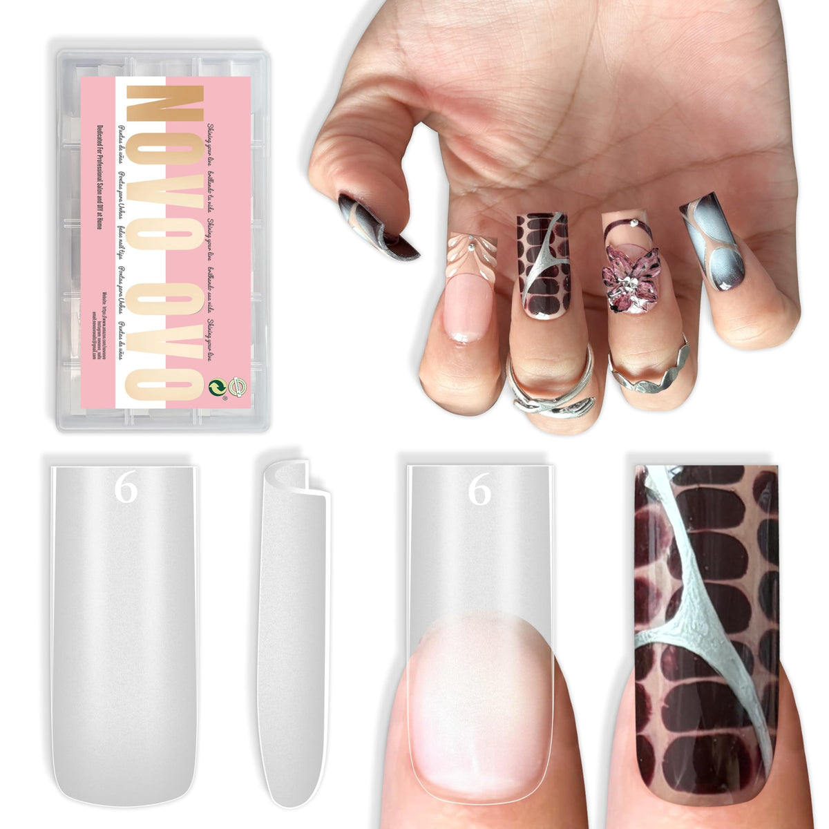 NOVO OVO puntas uñas cuadradas afiladas medianas, duraderas para uñas adhesivas.