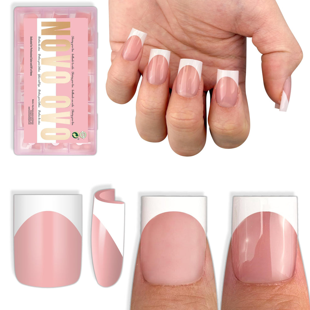 NOVO OVO uña francesa corto cuadrado blanco rosa bebé, manicura rápida en casa.