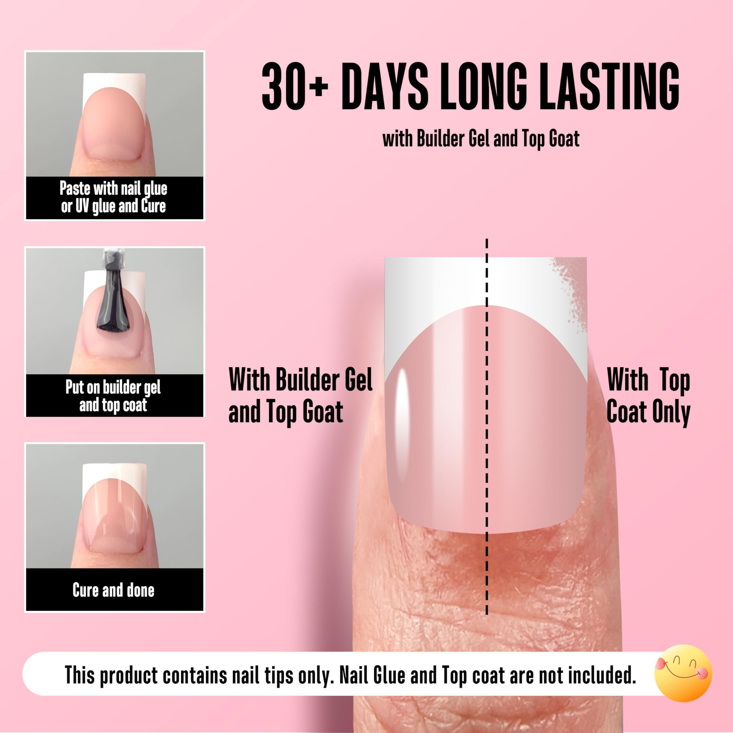 NOVO OVO uñas frances corto cuadrado blanco rosa bebé, alta transparencia para acabado realzado.