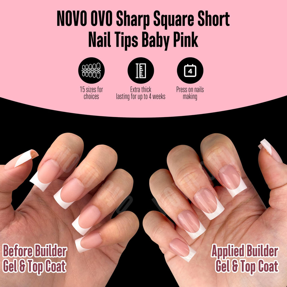 NOVO OVO uñas frances corto cuadrado blanco rosa bebé, aptas para esmalte y gel.