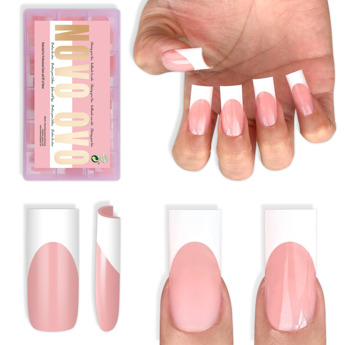 NOVO OVO Uñas press on frances blanco mediano cuadrado, acabado pulido.