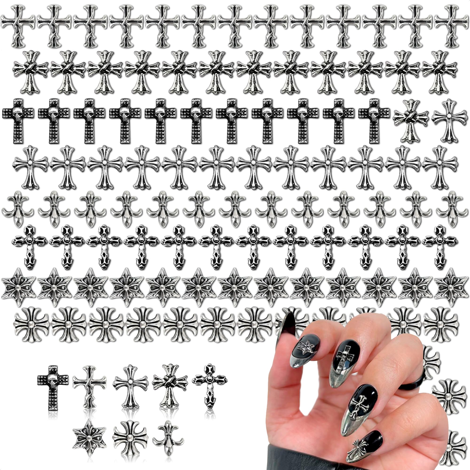 Novsix cruces para uñas plateadas, ideales para un look elegante diario.