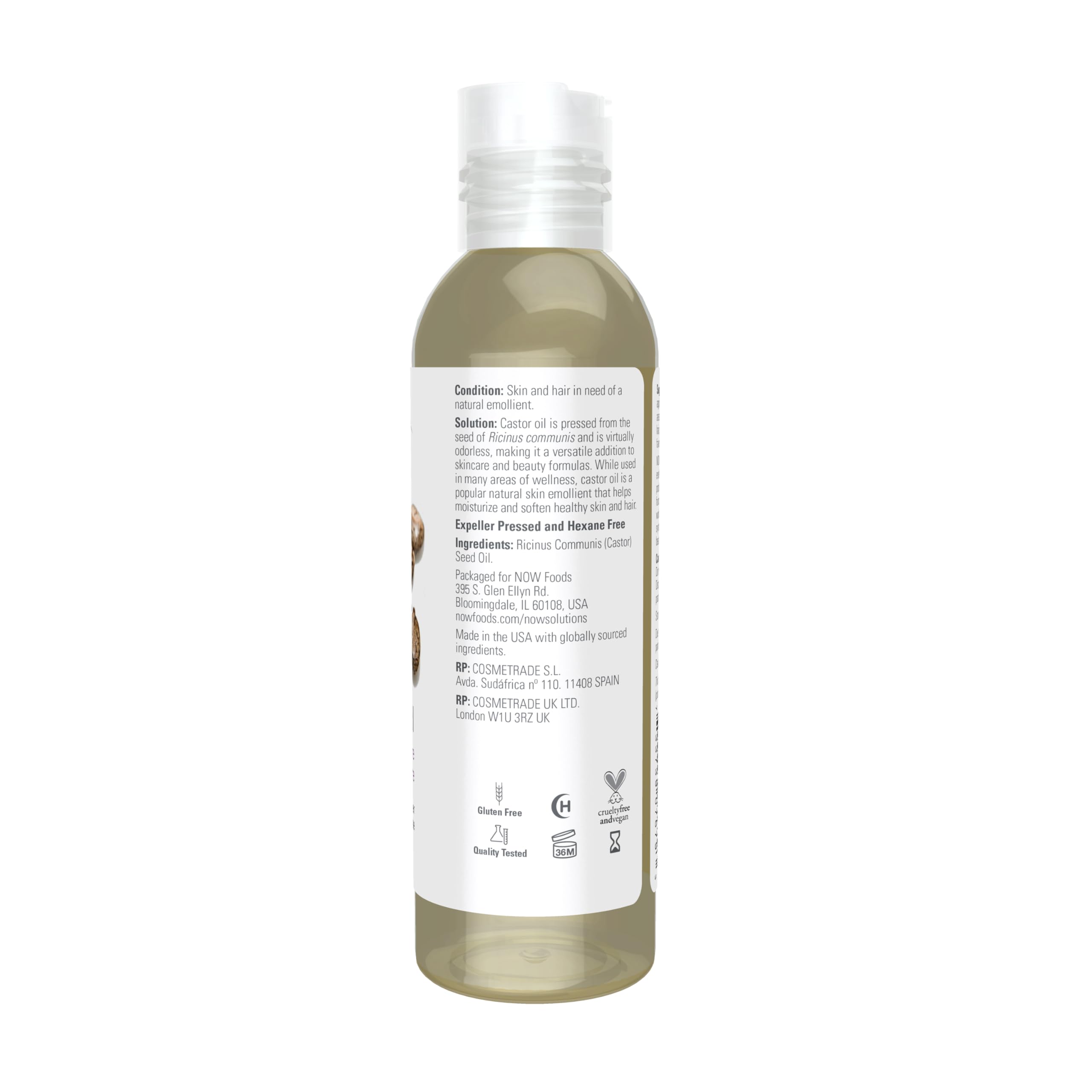 NOW Aceite de Ricino, etiqueta detallada, alto control de pureza y origen