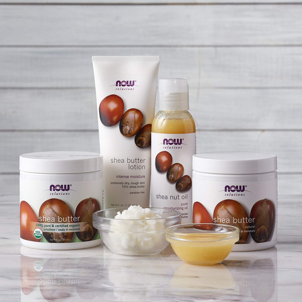 Cuidado de codos y rodillas con mantequilla de karité NOW Foods Solutions.